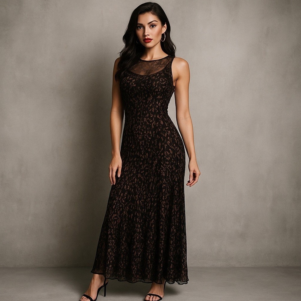 Y2K Chris McLaughlin Rabbit Rabbit Silk Burnout Velvet‎ Maxi Dress Black Bronze